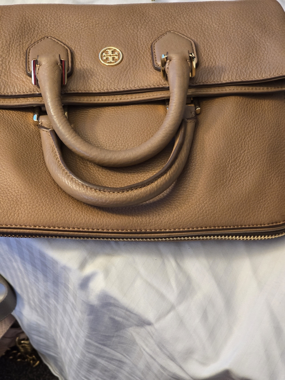 Tory Burch Cognac Pebbled Leather Satchel with Gold Logo